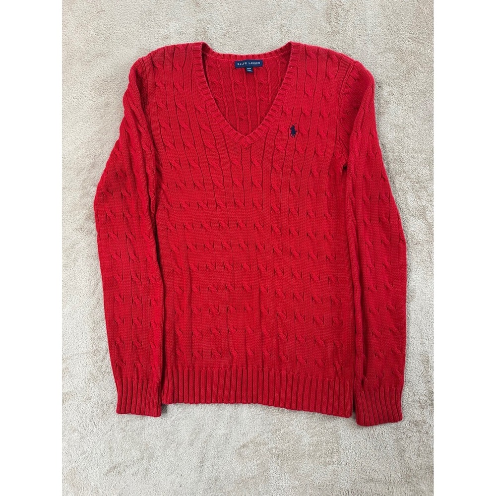 Vintage Ralph Lauren Sweater Mens M Red Cable Knit V-Neck Navy Pony Logo EUC